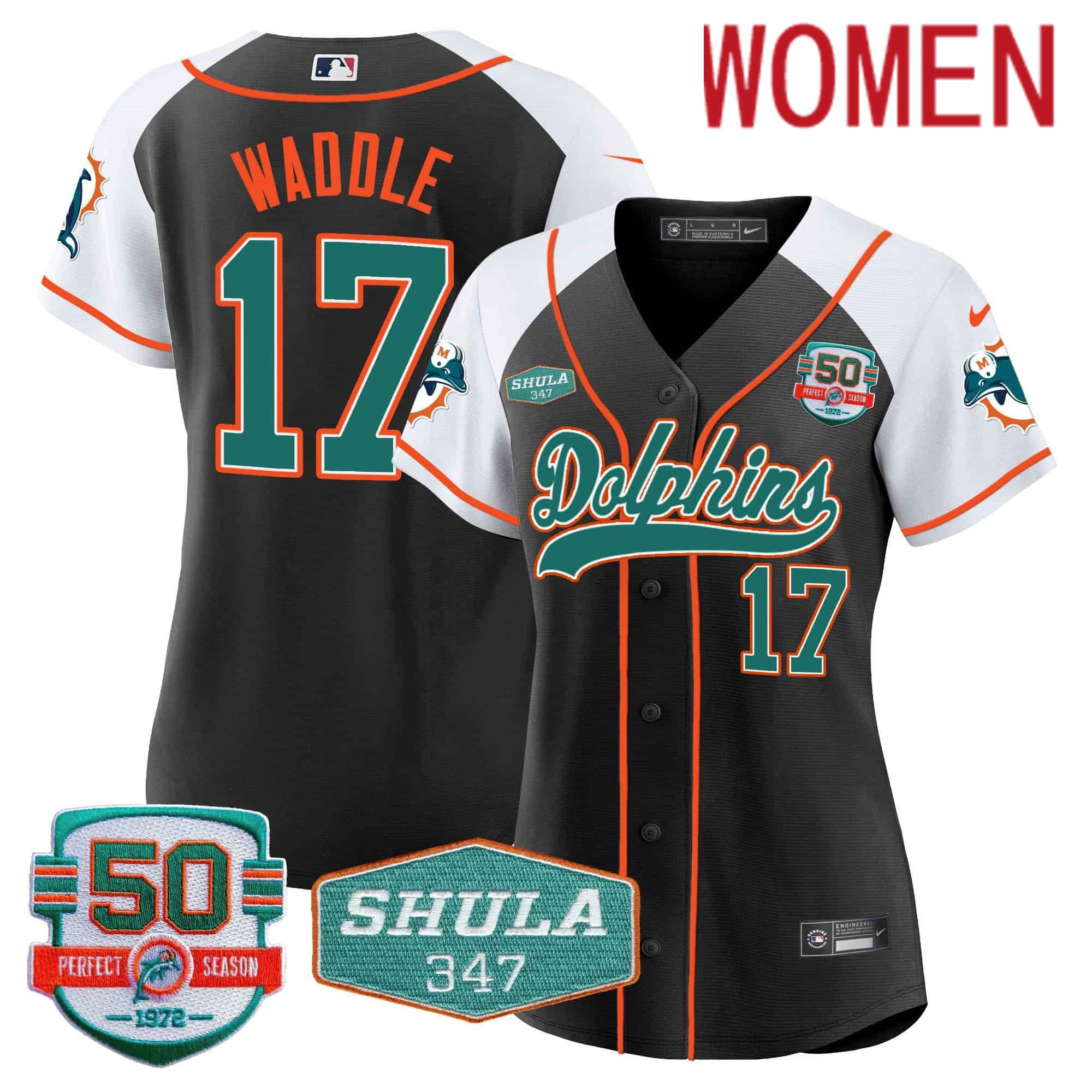 Women Miami Dolphins #17 Waddle Black 2024 Nike 50th Don Shula Memorial Patch Baseball NFL Jersey